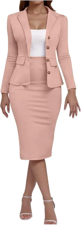 Women Wear to Work Dress 2 Piece Elegant Wrap Blazer Dresses Set Business Casual Long Sleeve Blazer and Pencil Skirt