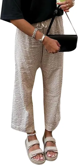 Women Y2K Plaid Pants Summer Casual Drawstring High Waist Straight Leg Trousers Gingham Lounge Pants Streetwear