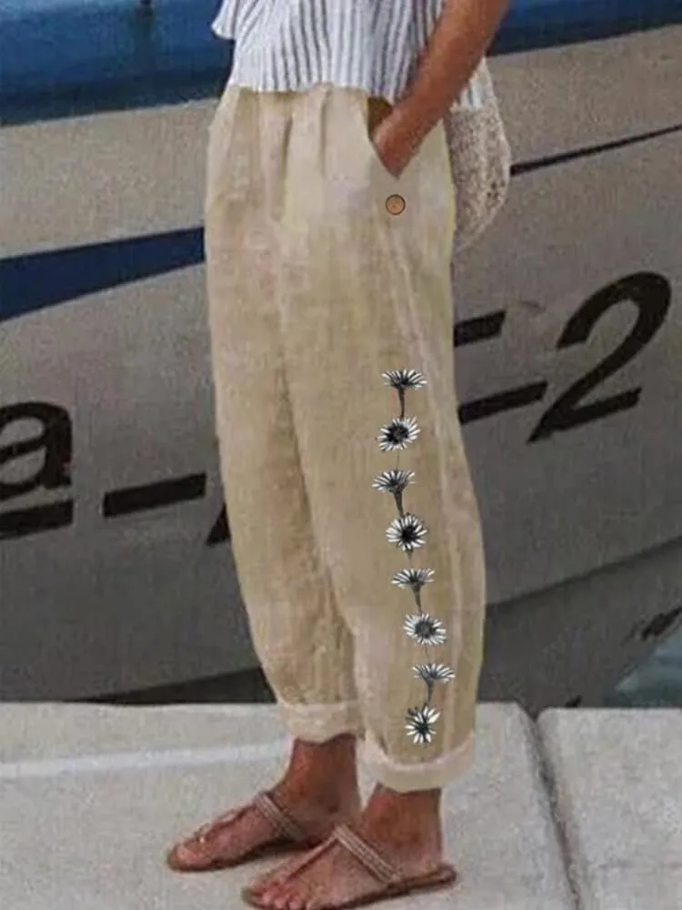 Women's Boho Floral Cotton Linen Casual Loose Pants Summer High Waist Baggy Beach Vacation Trousers with Pockets