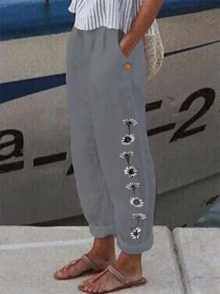 Women's Boho Floral Cotton Linen Casual Loose Pants Summer High Waist Baggy Beach Vacation Trousers with Pockets