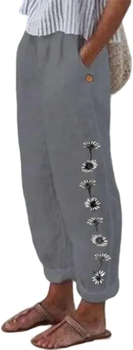 Women's Boho Floral Cotton Linen Casual Loose Pants Summer High Waist Baggy Beach Vacation Trousers with Pockets
