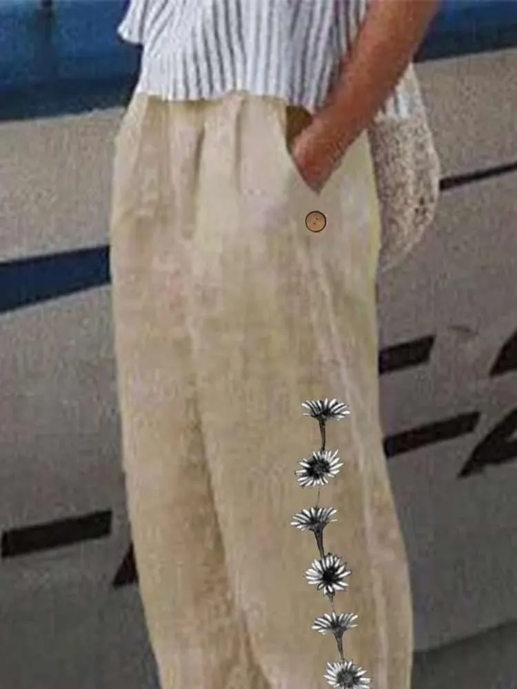 Women's Boho Floral Cotton Linen Casual Loose Pants Summer High Waist Baggy Beach Vacation Trousers with Pockets
