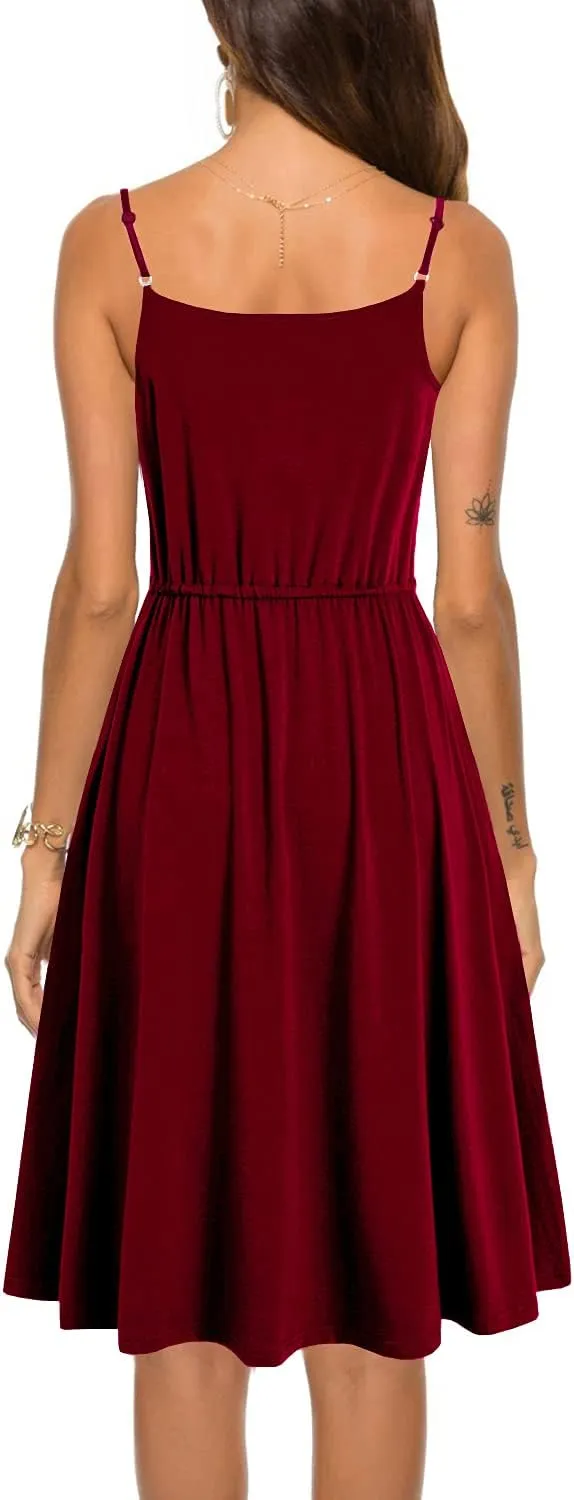 Women's Casual Summer Dress Beach Sleeveless Spaghetti Strap Adjustable Waist A Line Sun Dresses with Pockets 826