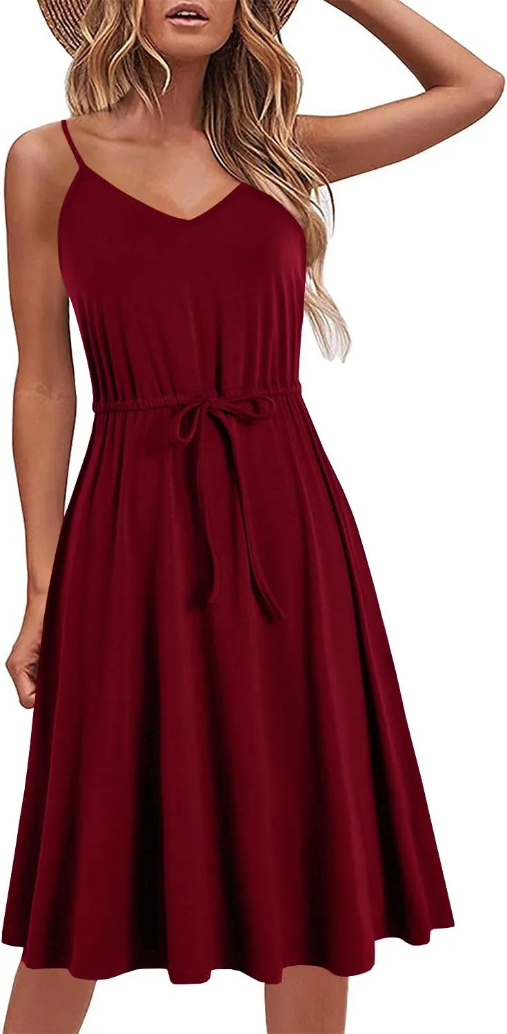 Women's Casual Summer Dress Beach Sleeveless Spaghetti Strap Adjustable Waist A Line Sun Dresses with Pockets 826