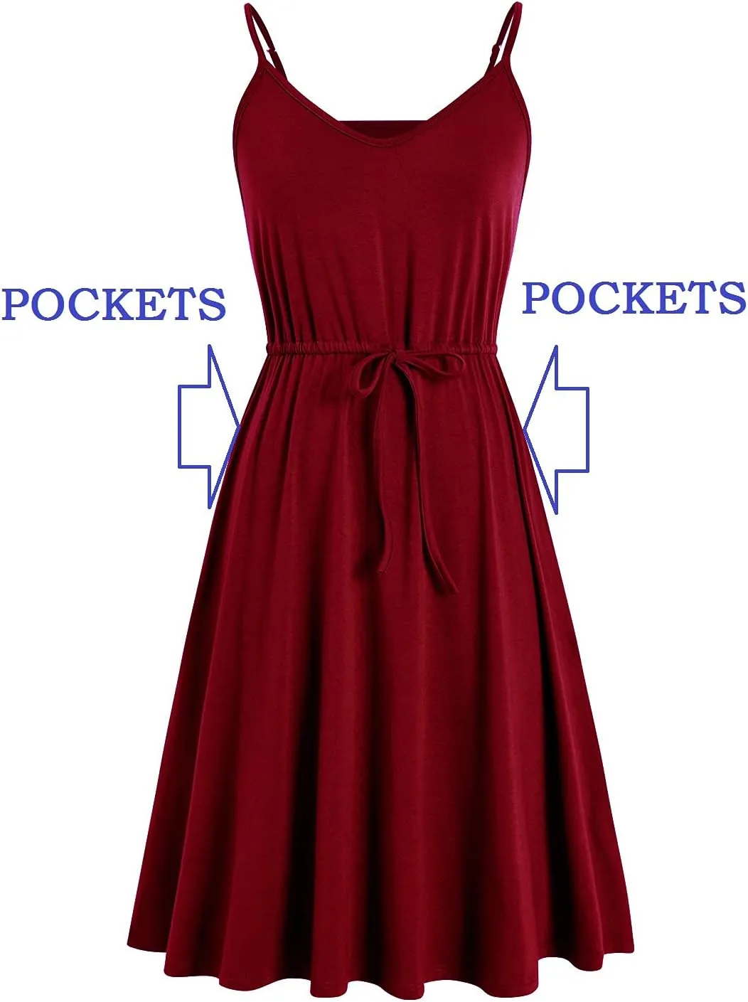 Women's Casual Summer Dress Beach Sleeveless Spaghetti Strap Adjustable Waist A Line Sun Dresses with Pockets 826