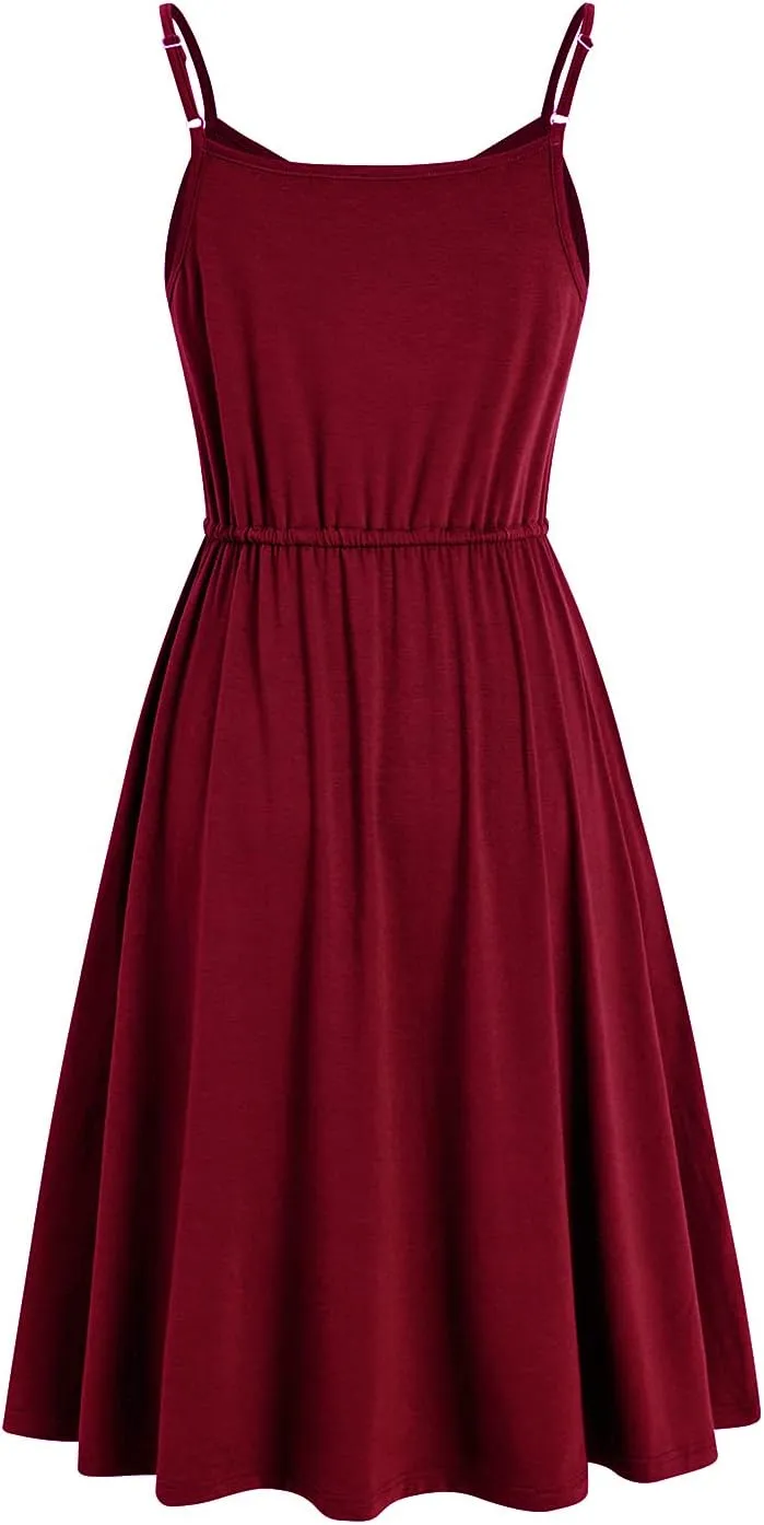 Women's Casual Summer Dress Beach Sleeveless Spaghetti Strap Adjustable Waist A Line Sun Dresses with Pockets 826