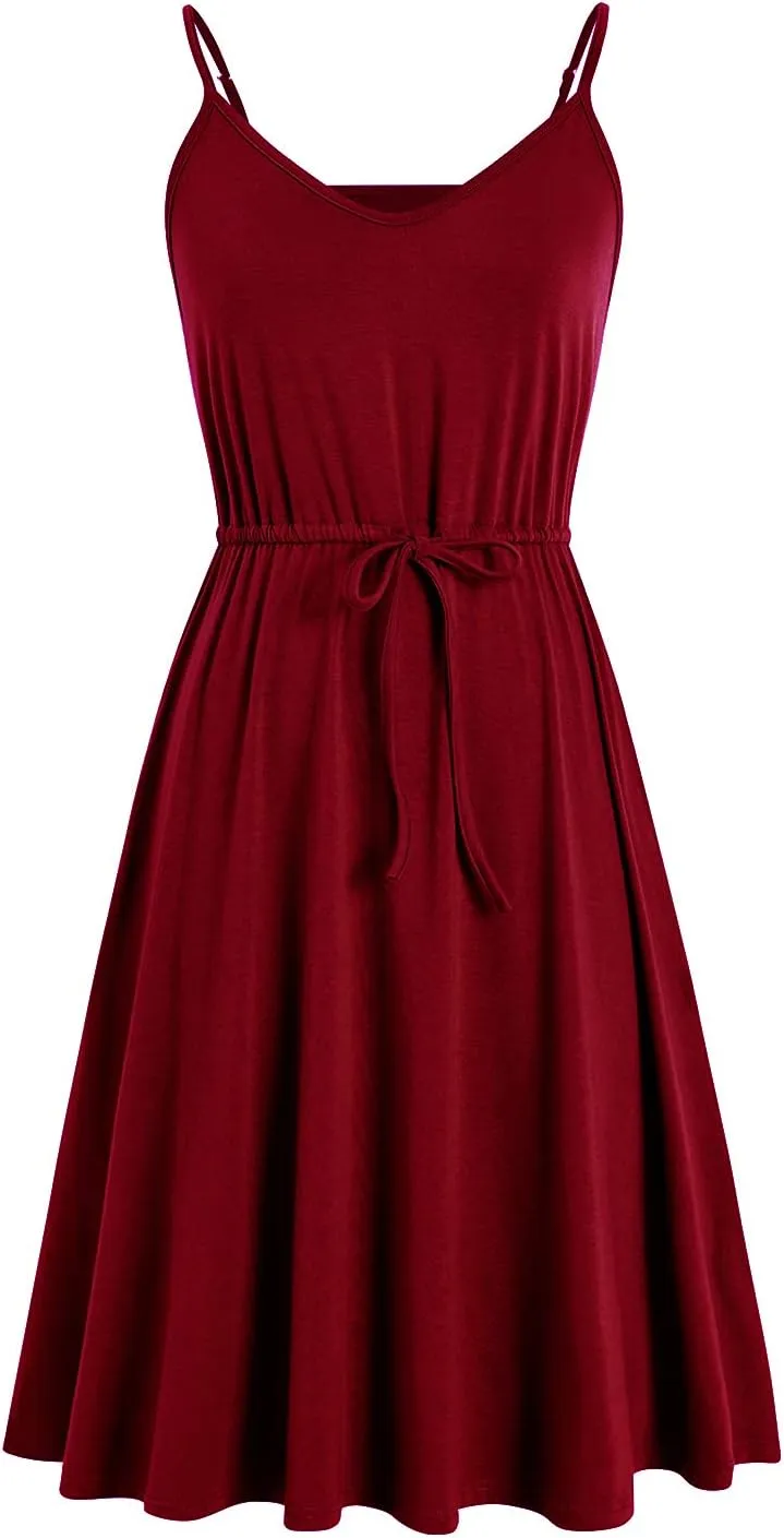 Women's Casual Summer Dress Beach Sleeveless Spaghetti Strap Adjustable Waist A Line Sun Dresses with Pockets 826