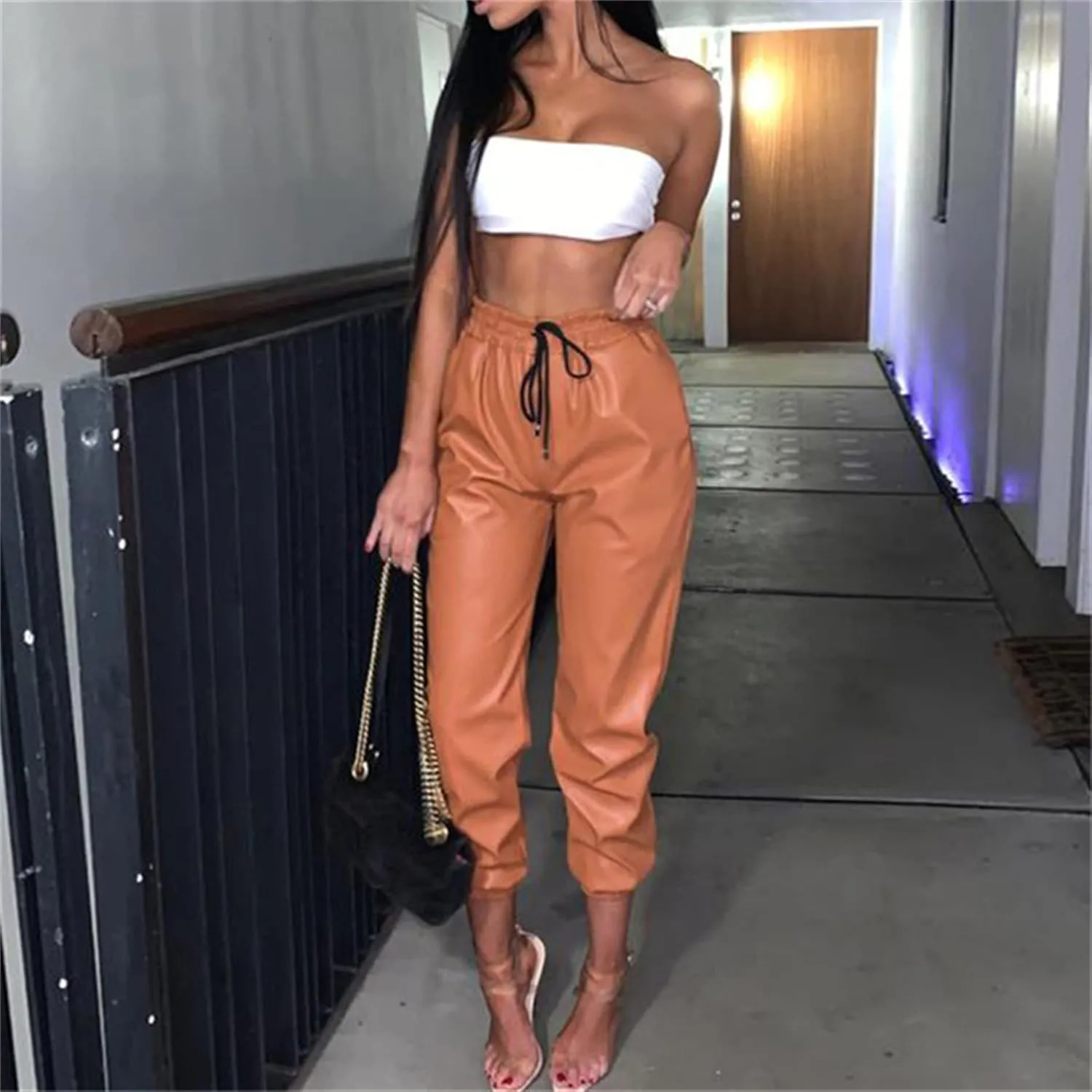 Women's Drawstring High Waisted Cropped Tapered Pu Leather Pants Wet Look Faux Leather Leggings Sexy Leggings