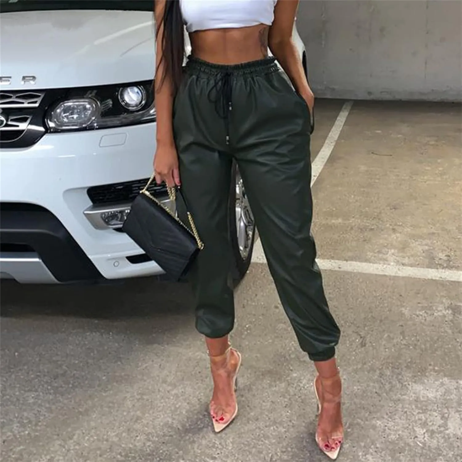 Women's Drawstring High Waisted Cropped Tapered Pu Leather Pants Wet Look Faux Leather Leggings Sexy Leggings