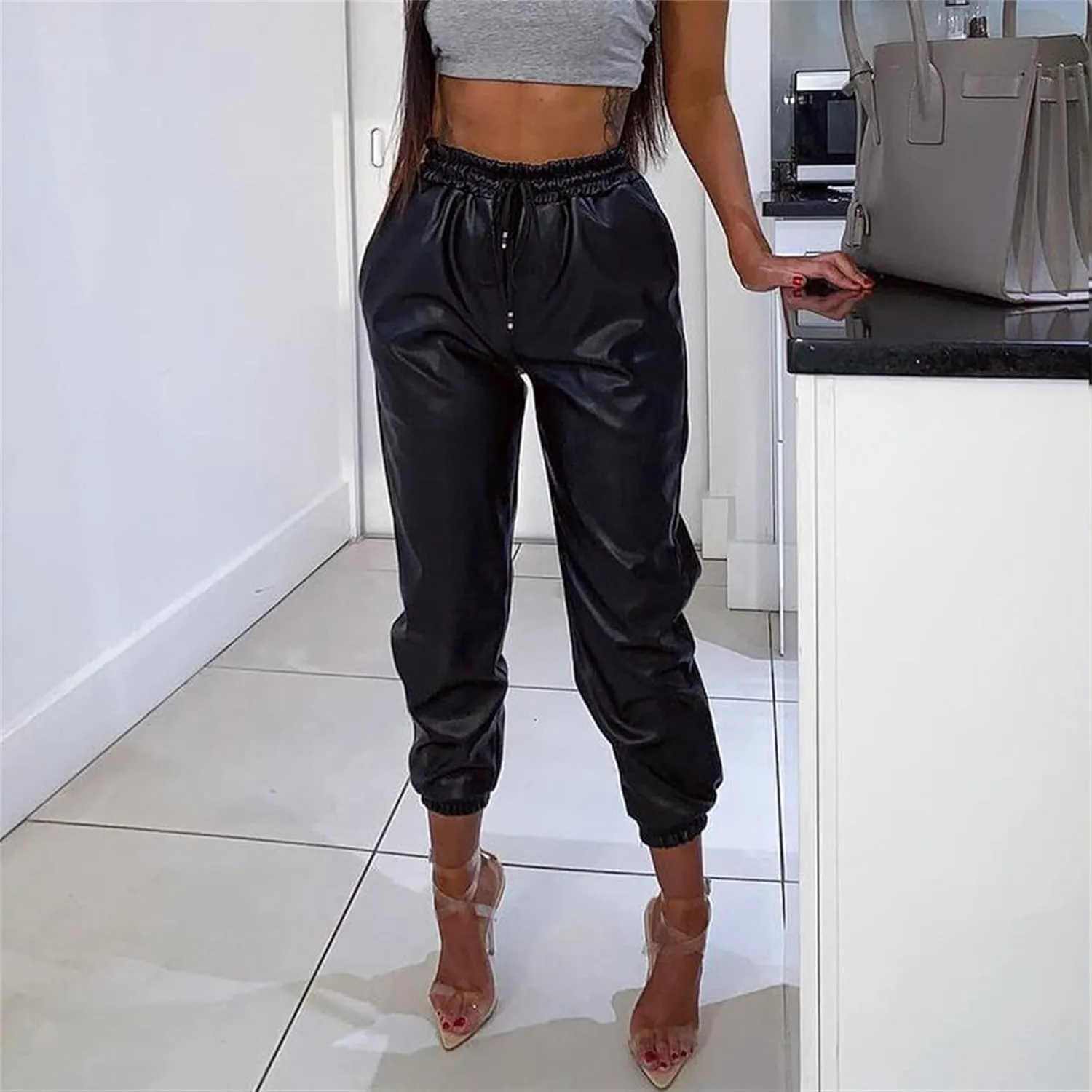 Women's Drawstring High Waisted Cropped Tapered Pu Leather Pants Wet Look Faux Leather Leggings Sexy Leggings