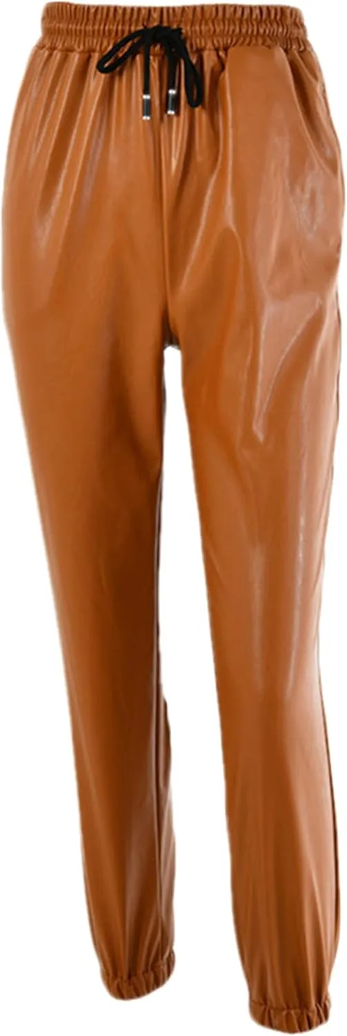 Women's Drawstring High Waisted Cropped Tapered Pu Leather Pants Wet Look Faux Leather Leggings Sexy Leggings