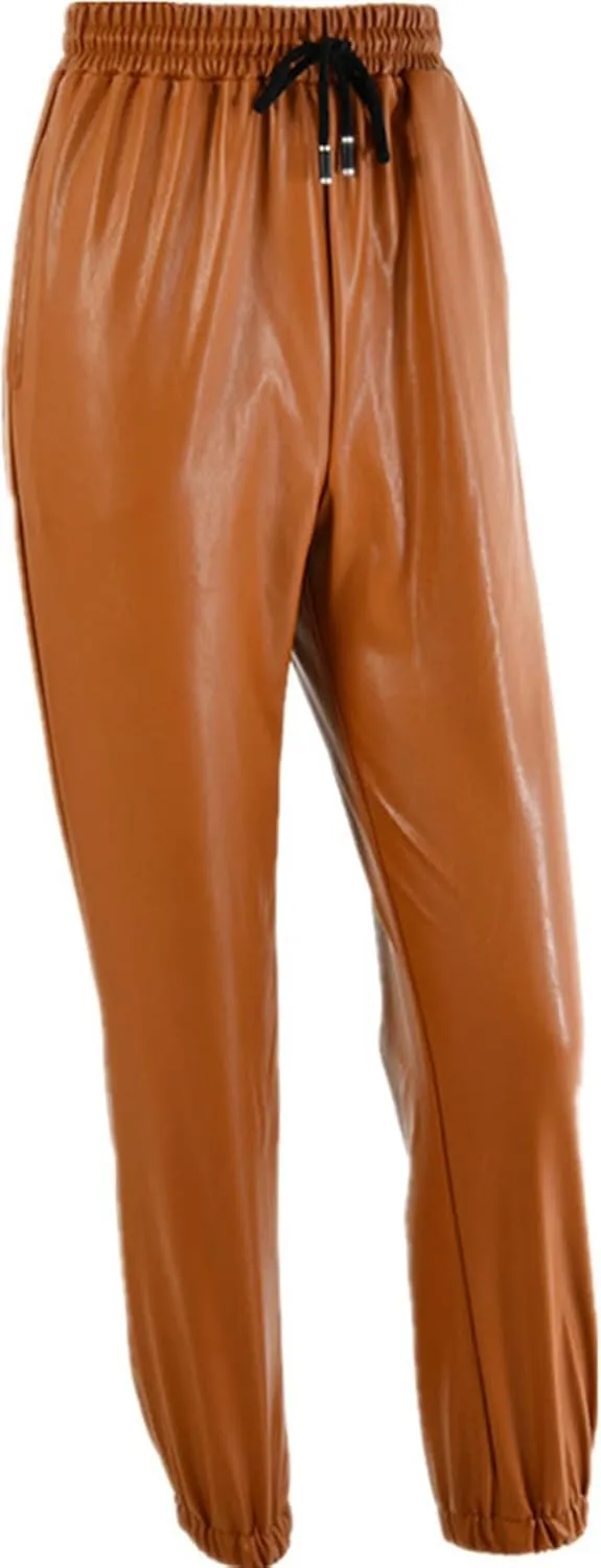 Women's Drawstring High Waisted Cropped Tapered Pu Leather Pants Wet Look Faux Leather Leggings Sexy Leggings