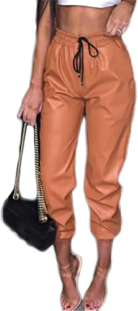 Women's Drawstring High Waisted Cropped Tapered Pu Leather Pants Wet Look Faux Leather Leggings Sexy Leggings