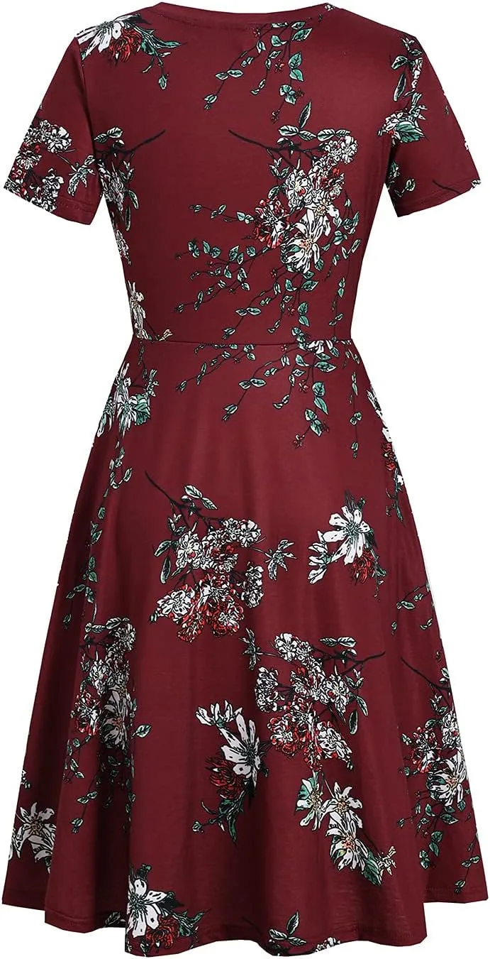 Women's Elegant Vintage 50s Office Casual Floral Print Work Party A-Line Swing Dress with Pockets 162
