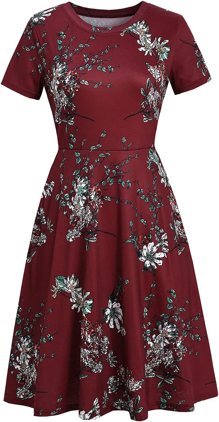 Women's Elegant Vintage 50s Office Casual Floral Print Work Party A-Line Swing Dress with Pockets 162