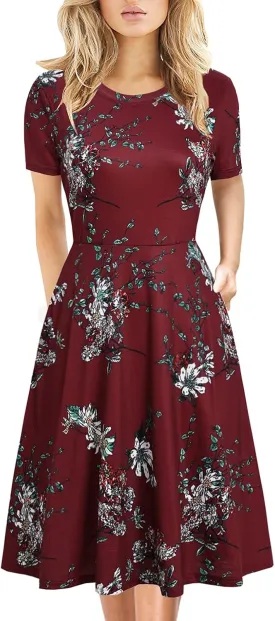 Women's Elegant Vintage 50s Office Casual Floral Print Work Party A-Line Swing Dress with Pockets 162