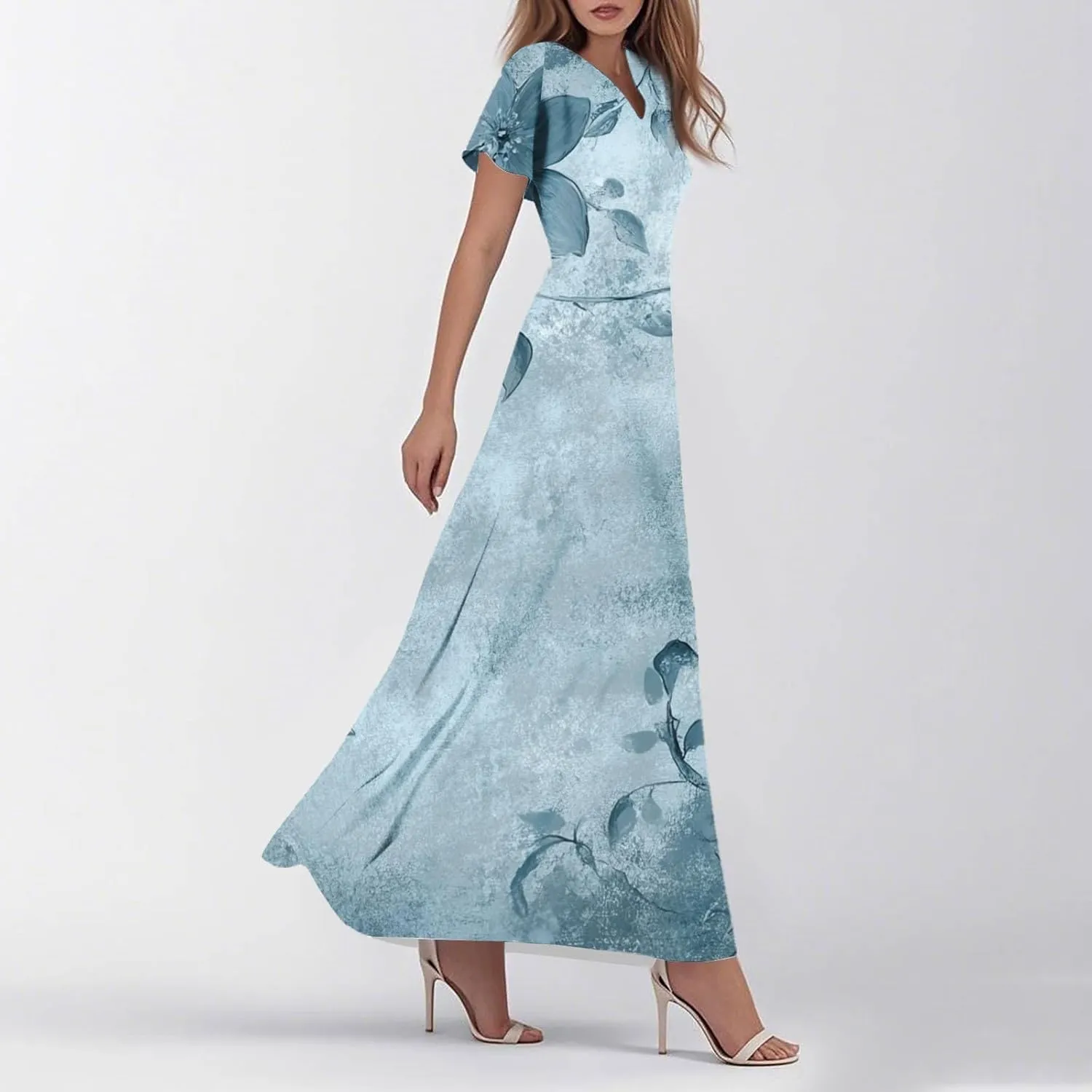 Womens Floral Dress Summer Short Sleeve Simple V-Neck Beautiful Beach Belted Retro Flower Leaf Print Dress