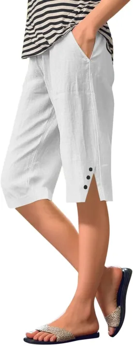 Women's High Waisted Linen Capri Pants Wide Leg Cropped Trousers with Pockets Bermuda Shorts for Casual Summer & Beach Wear