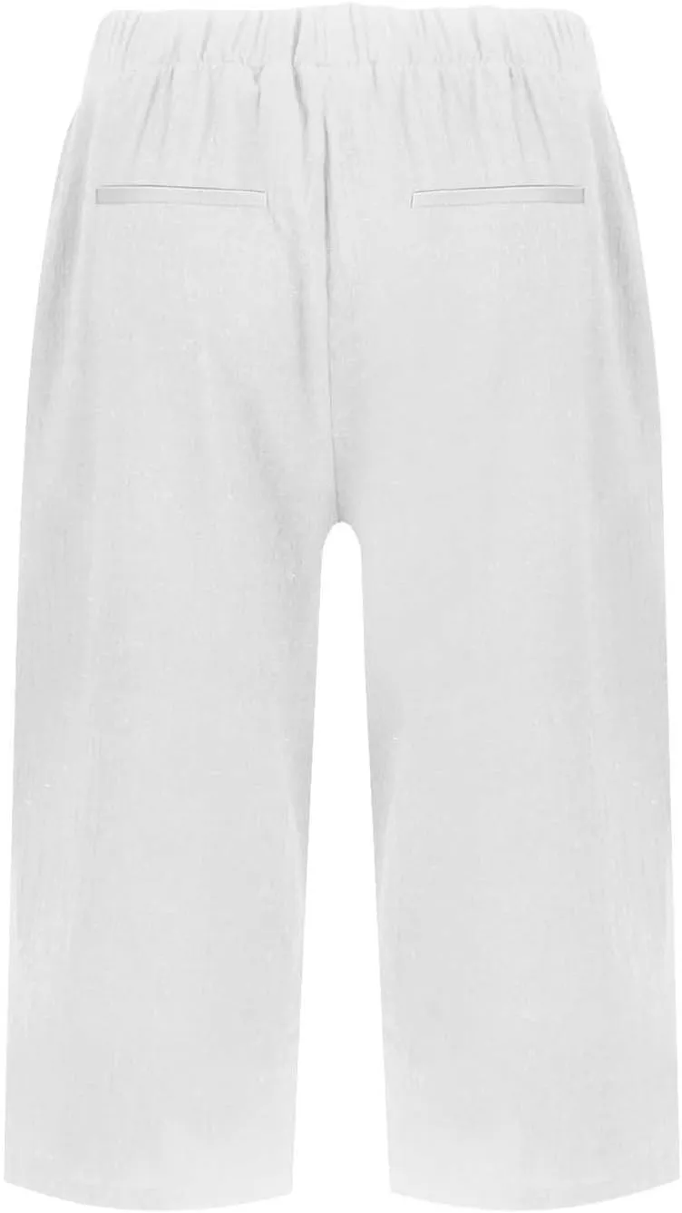 Women's High Waisted Linen Capri Pants Wide Leg Cropped Trousers with Pockets Bermuda Shorts for Casual Summer & Beach Wear