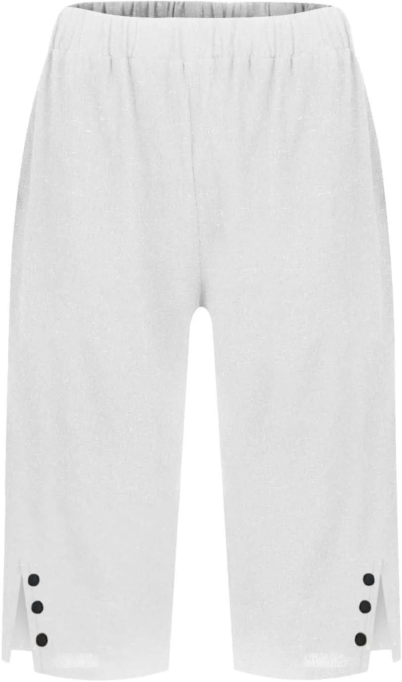 Women's High Waisted Linen Capri Pants Wide Leg Cropped Trousers with Pockets Bermuda Shorts for Casual Summer & Beach Wear