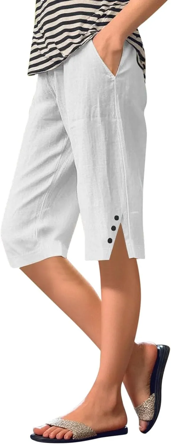 Women's High Waisted Linen Capri Pants Wide Leg Cropped Trousers with Pockets Bermuda Shorts for Casual Summer & Beach Wear
