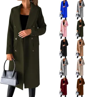 Womens Notched Lapel Collar Double Breasted Pea Coat Trendy Long Trench Coats Winter Wool Fleece Jacket