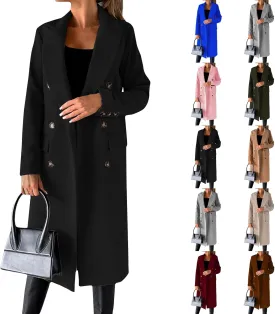 Womens Notched Lapel Collar Double Breasted Pea Coat Trendy Long Trench Coats Winter Wool Fleece Jacket