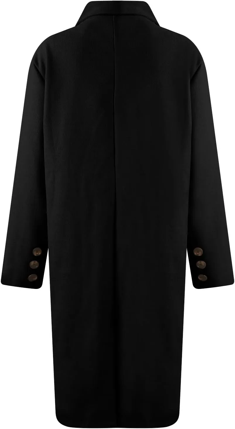 Womens Notched Lapel Collar Double Breasted Pea Coat Trendy Long Trench Coats Winter Wool Fleece Jacket