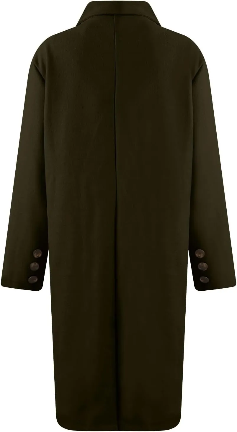 Womens Notched Lapel Collar Double Breasted Pea Coat Trendy Long Trench Coats Winter Wool Fleece Jacket