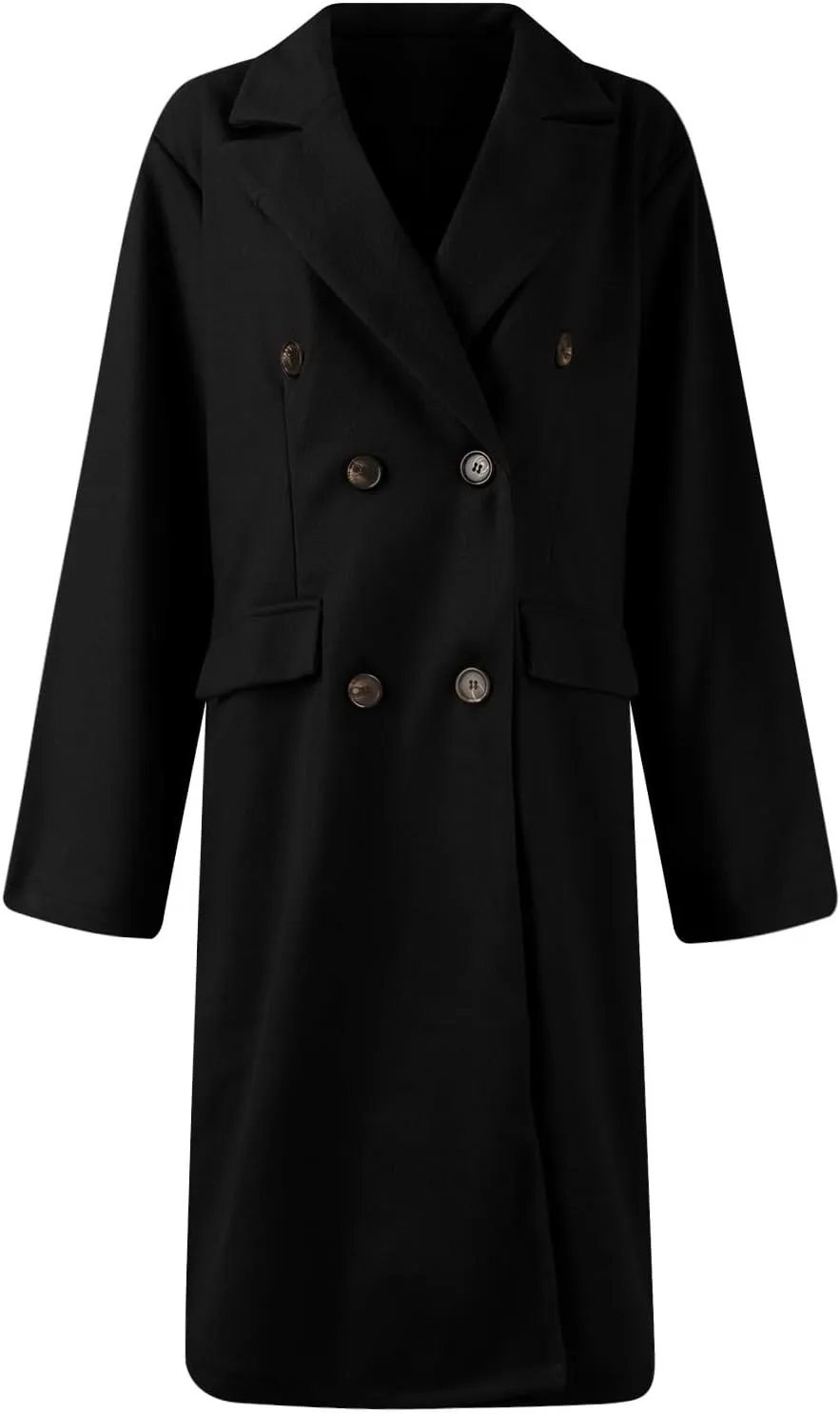 Womens Notched Lapel Collar Double Breasted Pea Coat Trendy Long Trench Coats Winter Wool Fleece Jacket