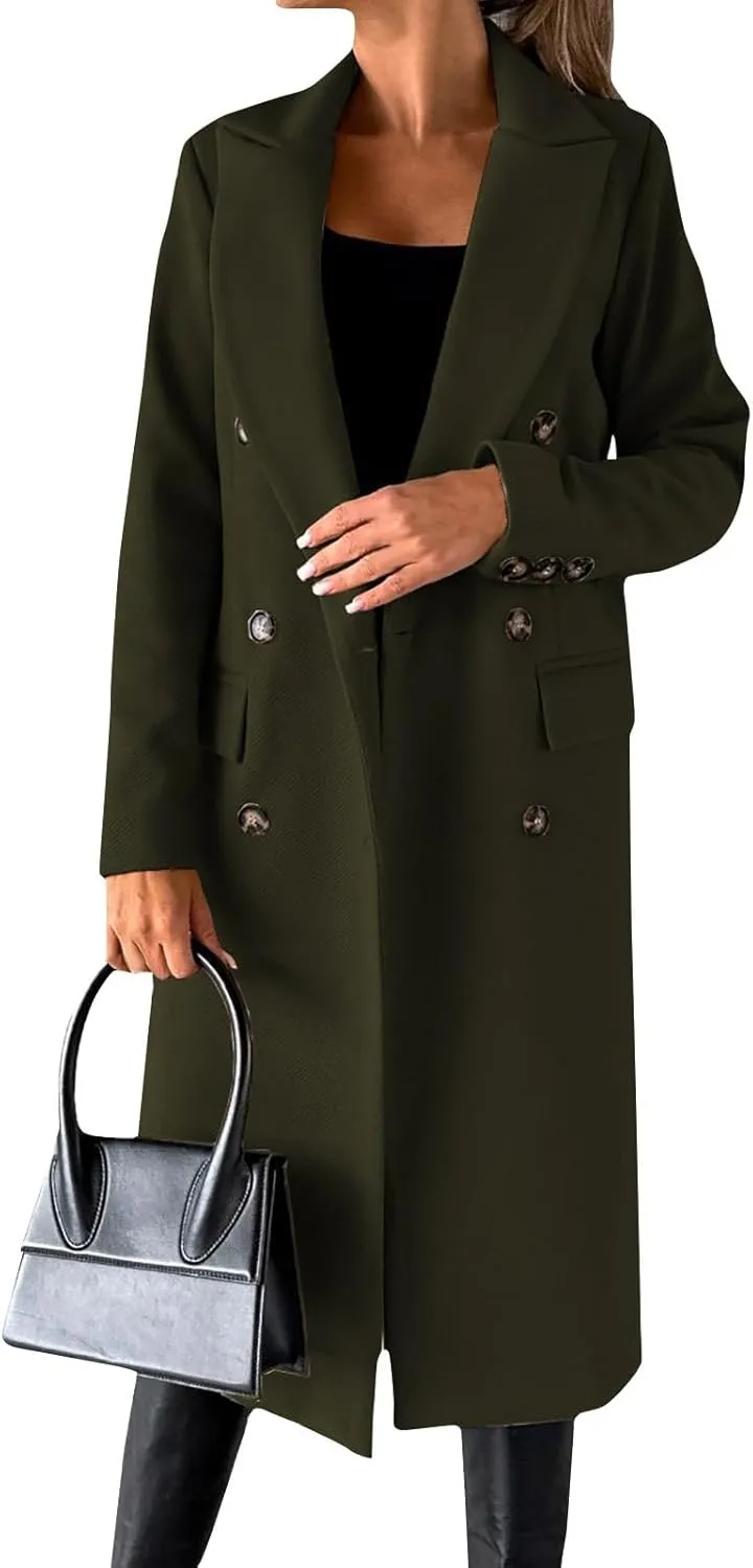 Womens Notched Lapel Collar Double Breasted Pea Coat Trendy Long Trench Coats Winter Wool Fleece Jacket