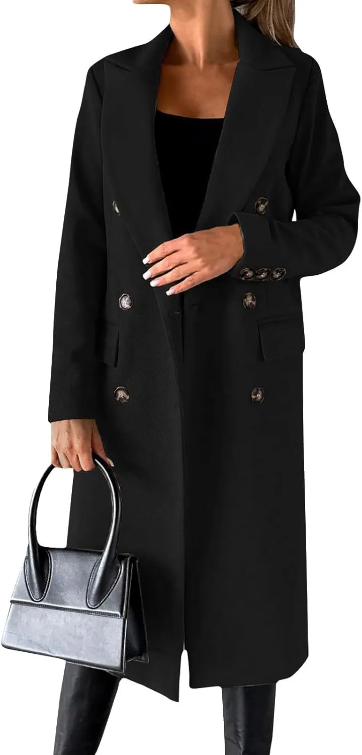 Womens Notched Lapel Collar Double Breasted Pea Coat Trendy Long Trench Coats Winter Wool Fleece Jacket