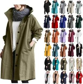 Womens Trench Coats with Hood Oversize Long Single-Breasted Windbreaker Plus Size Lightweight Elegant PeaCoat Overcoat
