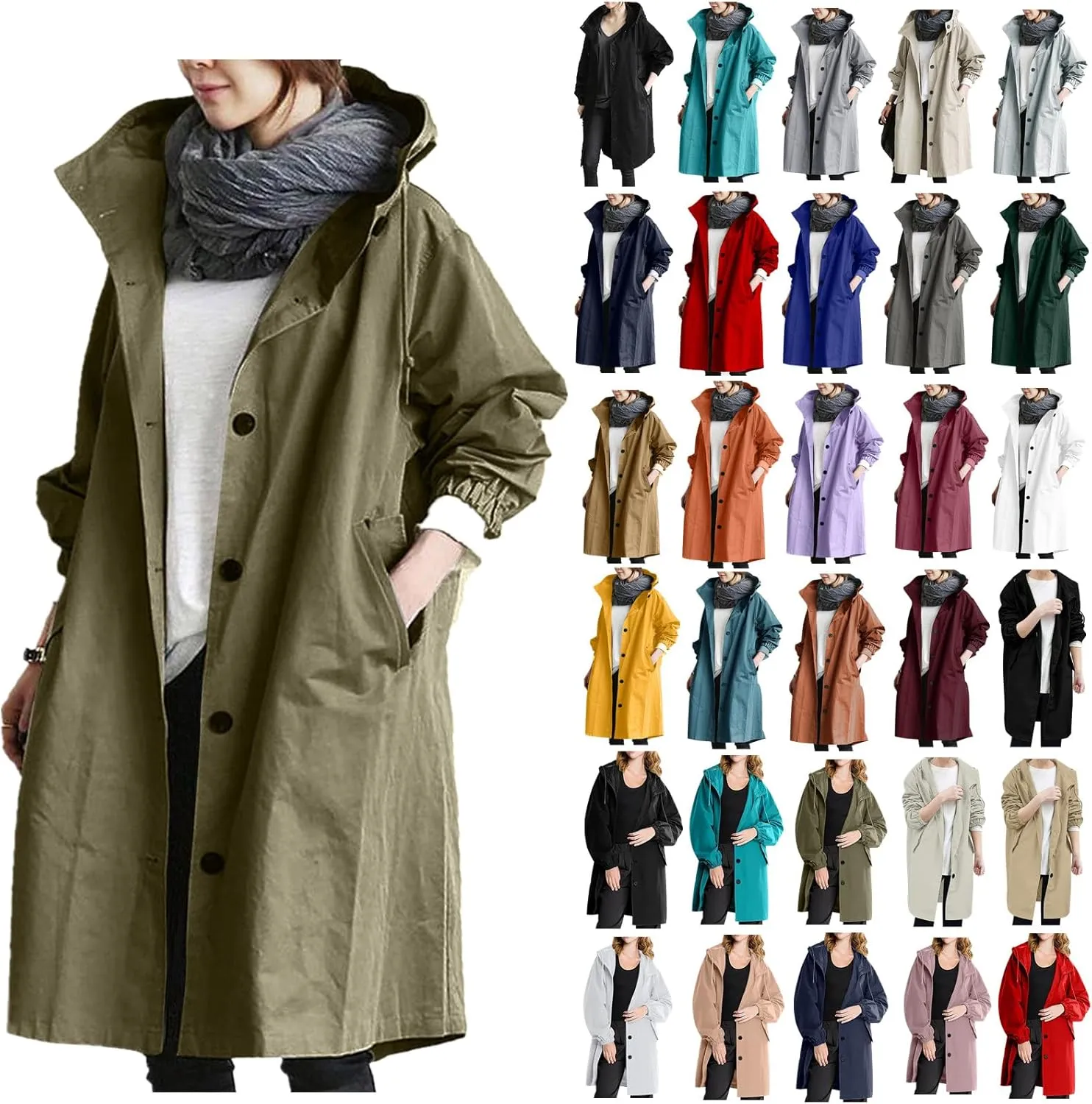 Womens Trench Coats with Hood Oversize Long Single-Breasted Windbreaker Plus Size Lightweight Elegant PeaCoat Overcoat