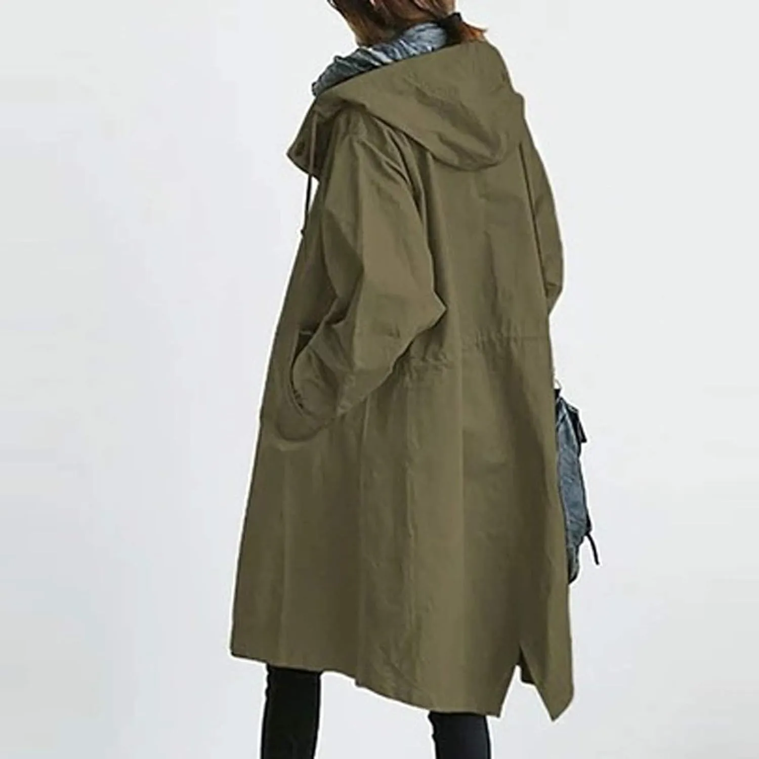 Womens Trench Coats with Hood Oversize Long Single-Breasted Windbreaker Plus Size Lightweight Elegant PeaCoat Overcoat