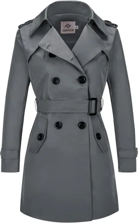 Women's Waterproof Trench Coat Double-Breasted Classic Lapel Petite Overcoat Belted Slim Outerwear Coat