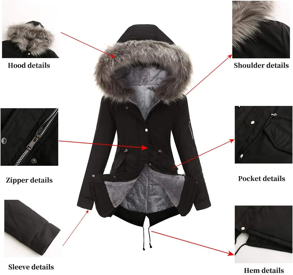Women's Winter Sherpa Lined Faux Fur Hooded Jacket Mid Long Safari Parka Coat Thickened Windproof Outwear with Pockets