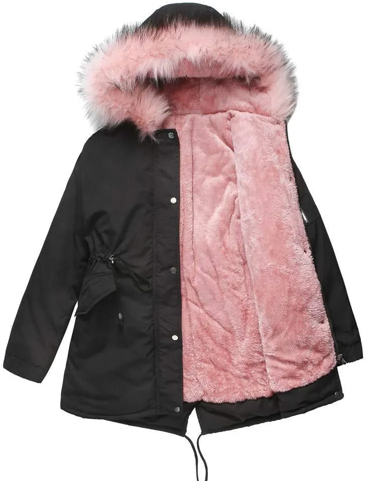 Women's Winter Sherpa Lined Faux Fur Hooded Jacket Mid Long Safari Parka Coat Thickened Windproof Outwear with Pockets