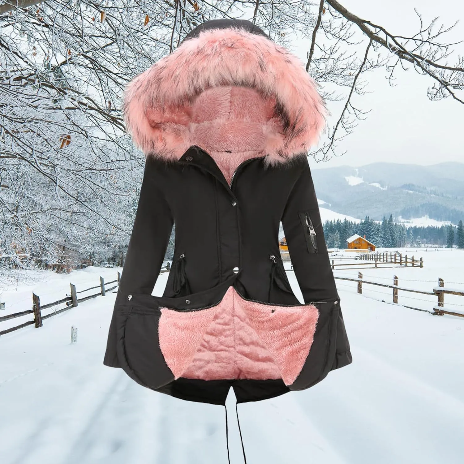 Women's Winter Sherpa Lined Faux Fur Hooded Jacket Mid Long Safari Parka Coat Thickened Windproof Outwear with Pockets